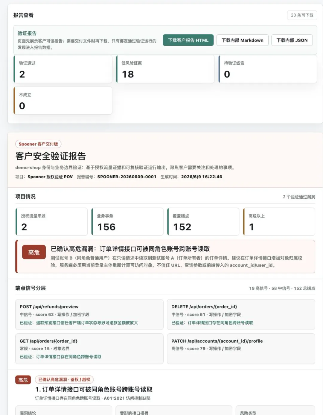 Spooner 客户安全验证报告界面截图,展示验证通过数、低风险证据和报告摘要